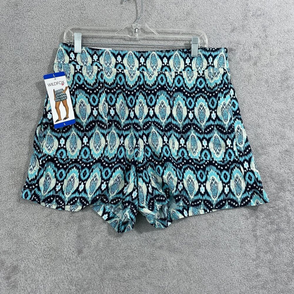 NEW Wildfox Womens L Blue Ikat Elastic Waist Pull-On Shorts